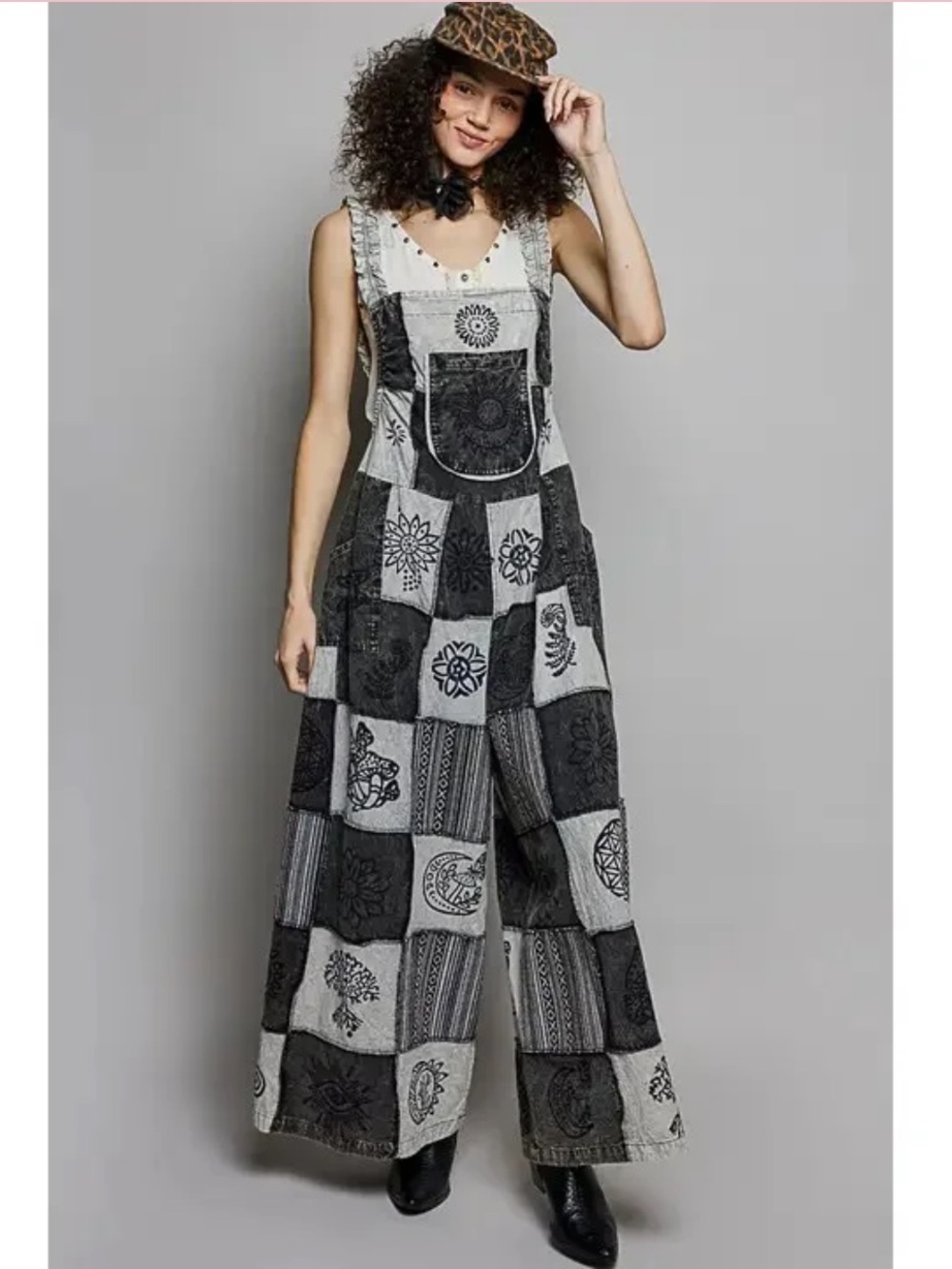 New: POL “Stormy Meadow” Mixed Patchwork Wide Leg Jumper Overalls• Small